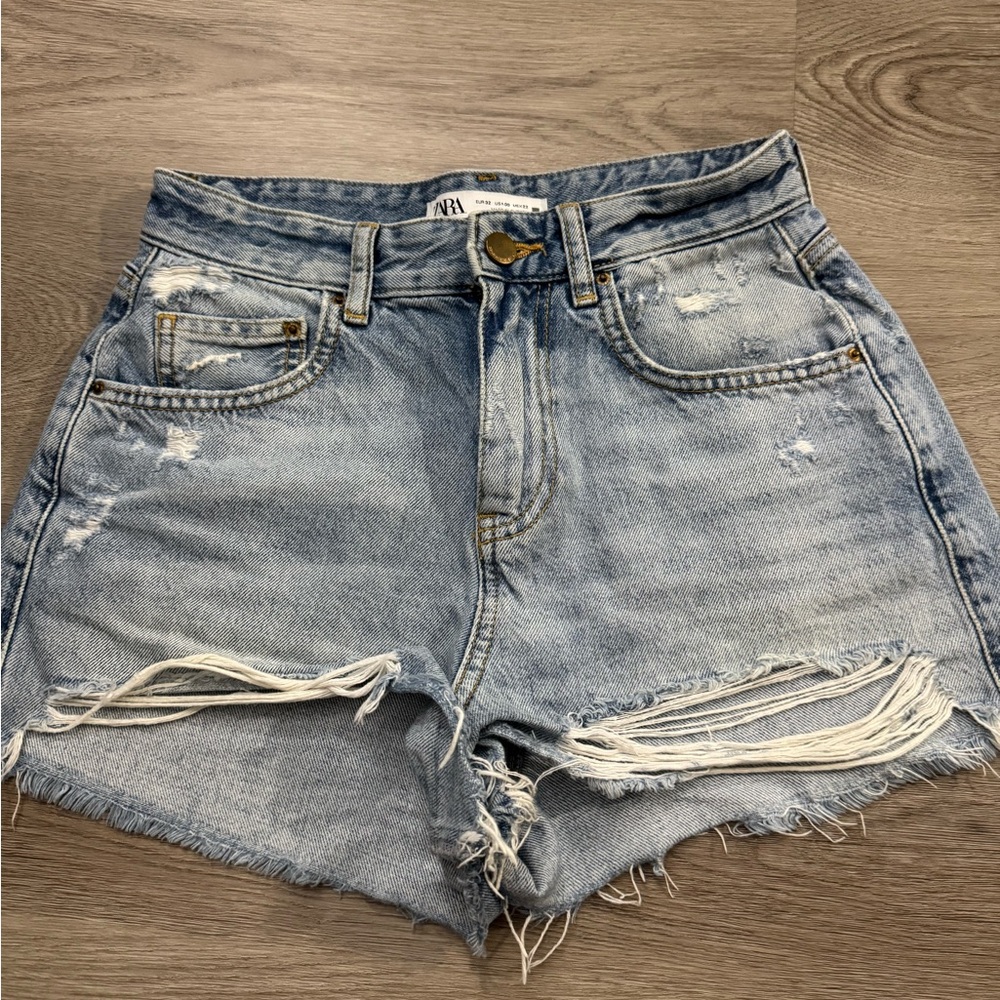 Zara Light Blue Distressed Jean Shorts